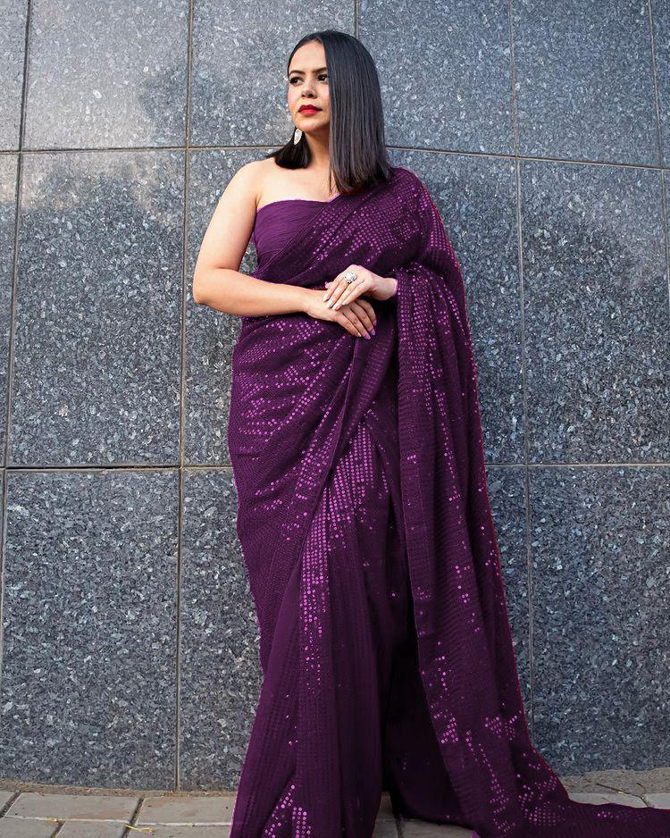 Party Wear Wine Color Georgette 5 MM Full Sequence Embroidered Sari Blouse