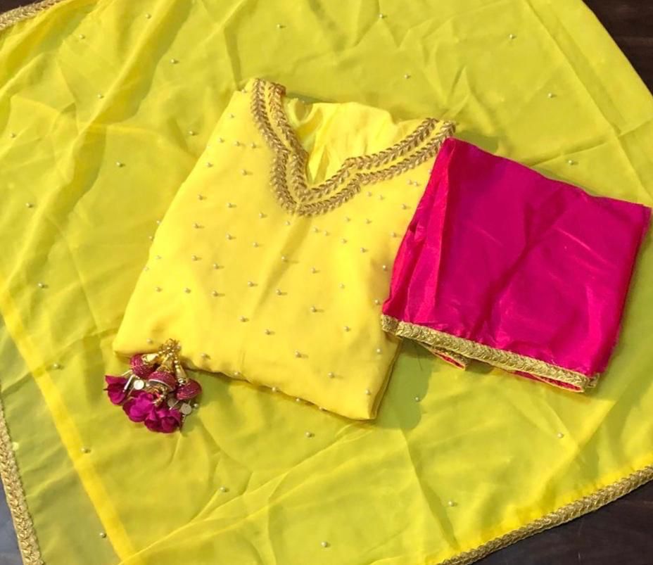 Attractive Yellow Color Festival Wear Moti Work Georgette Sharara Suit