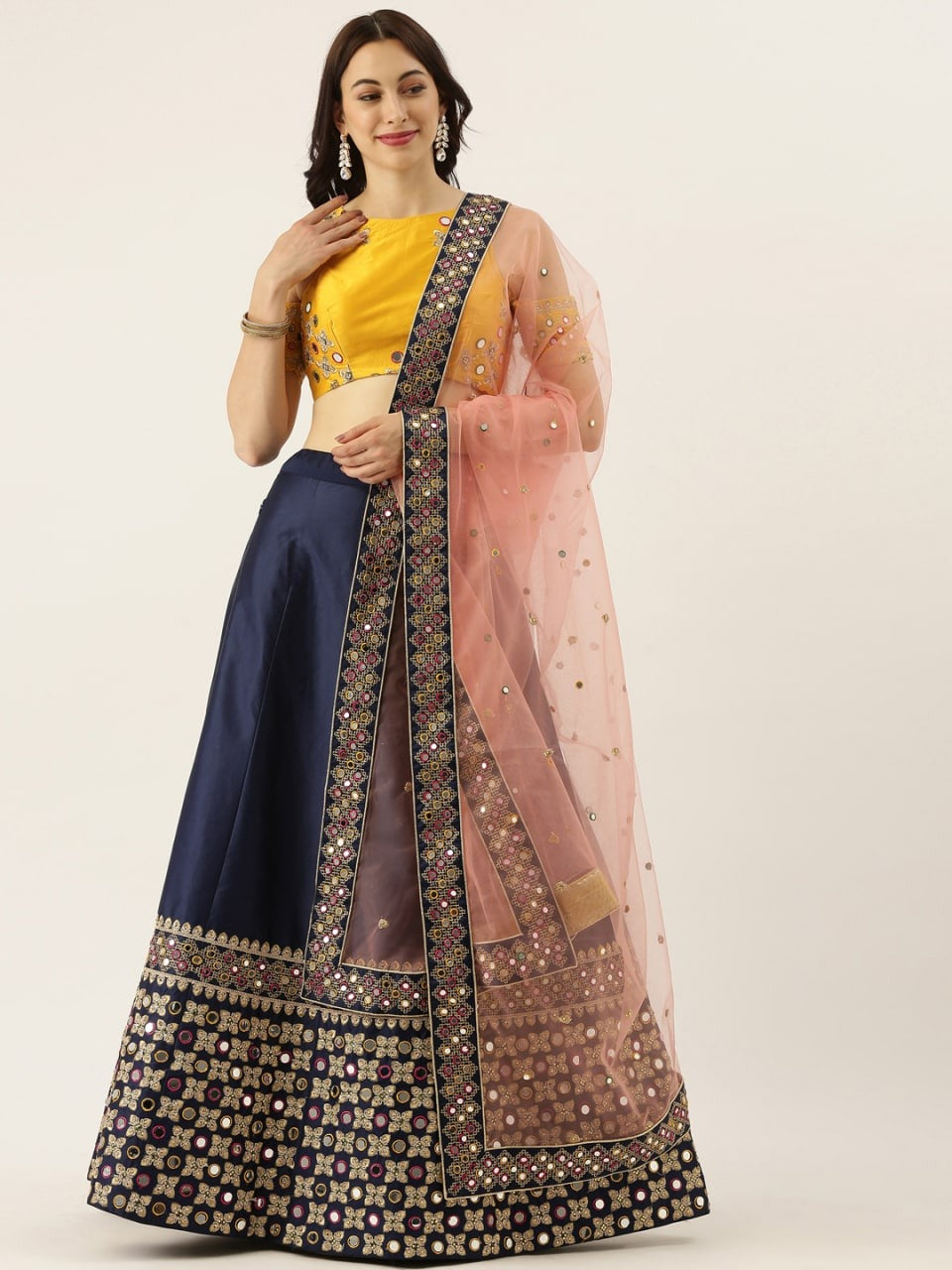 Phenomenal Yellow Color Satin Silk Thread Mirror Work Wedding Wear Lehenga Choli