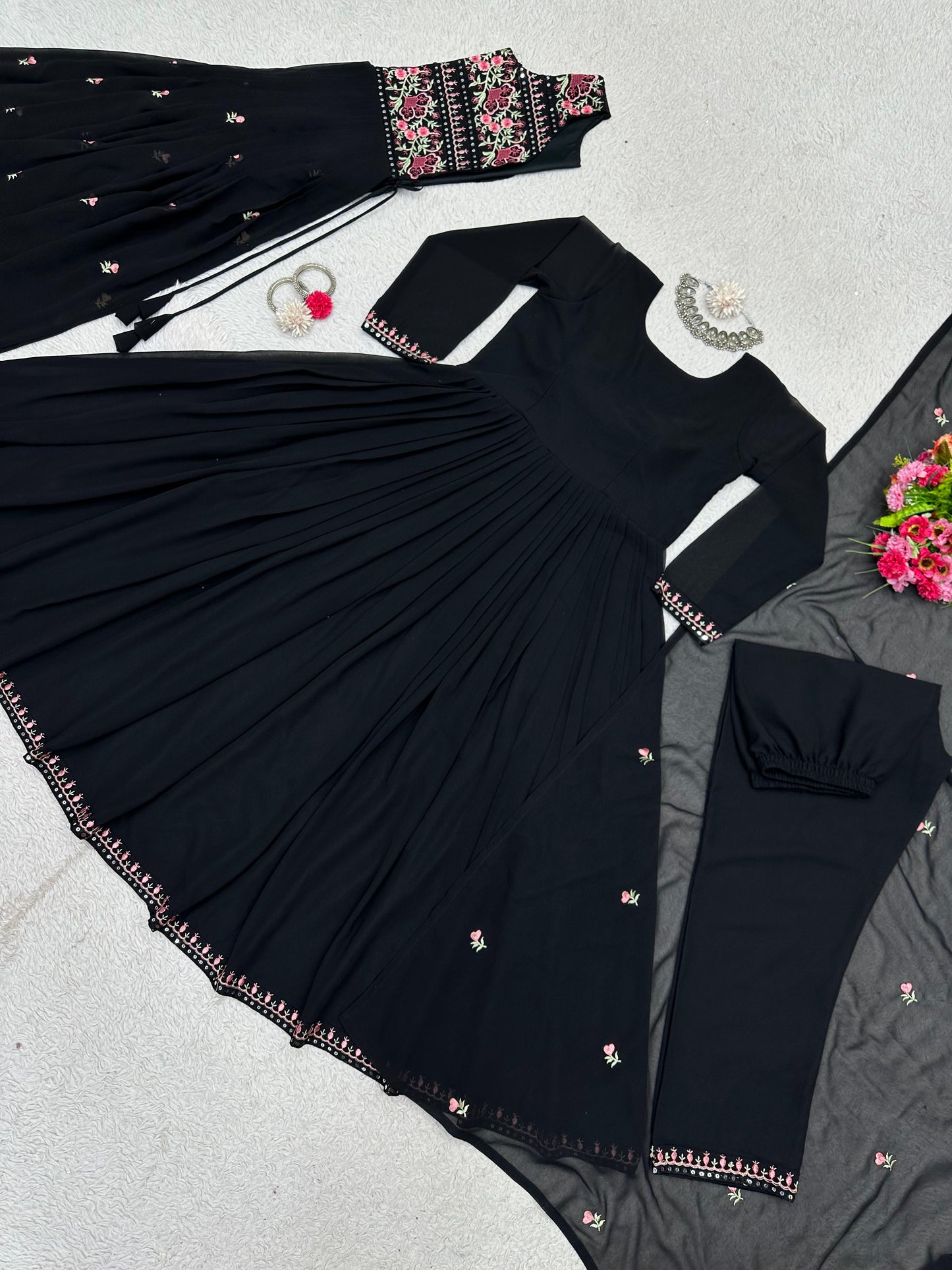 Glamorous Black Colour Full Stitch Georgette Gown With Embroidery Worked Shrug