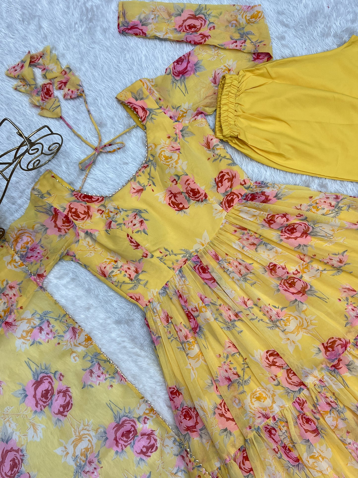 Yellow Color Georgette Print Long Anarkali Style Stitched Suit Set