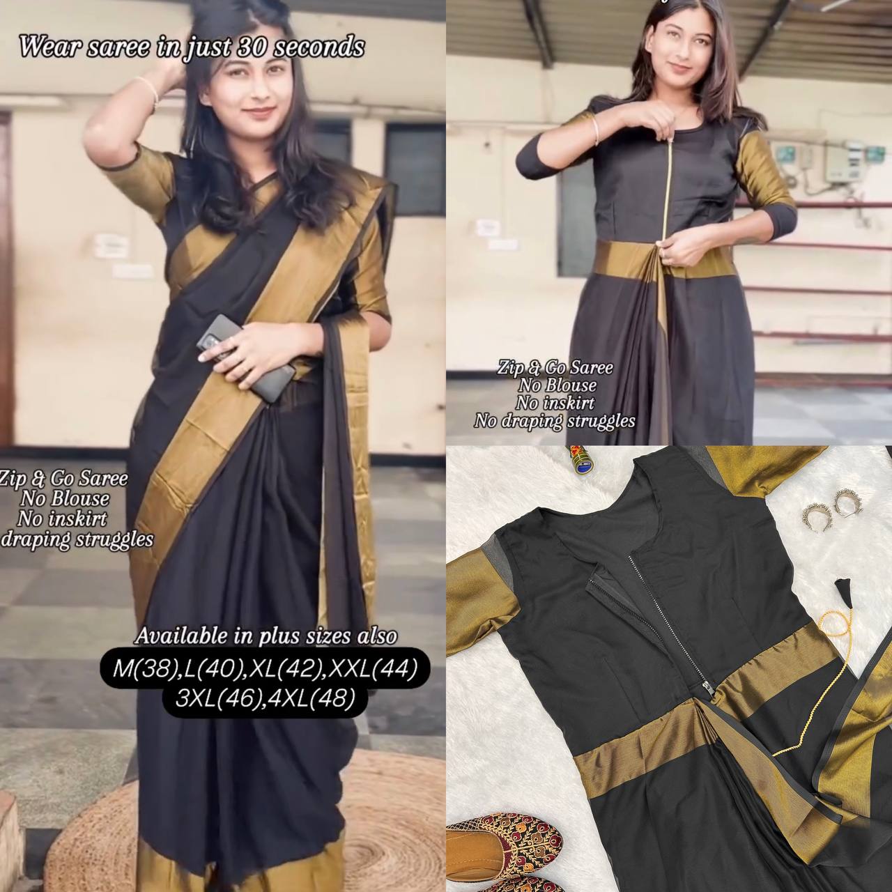 Ready To Wear Black Zari Patta Gown Saree