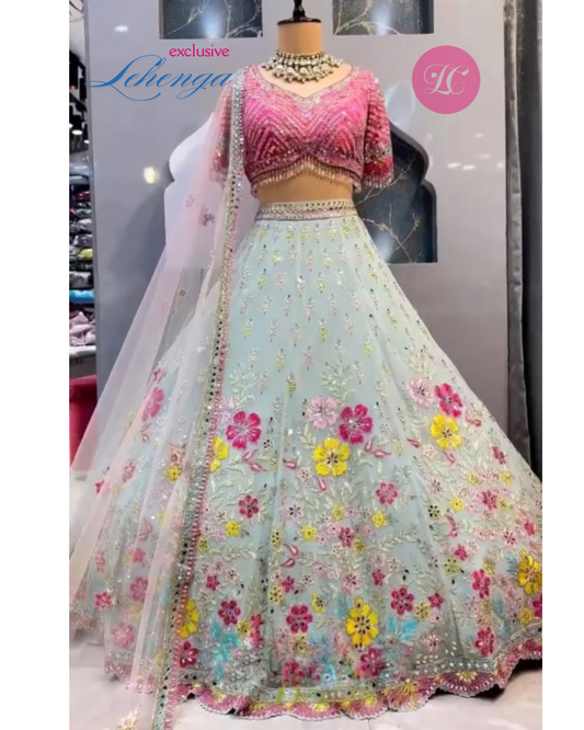 Haldi Mehndi Wear Sky Georgette Real Mirror Embroidered Work Lehenga Choli