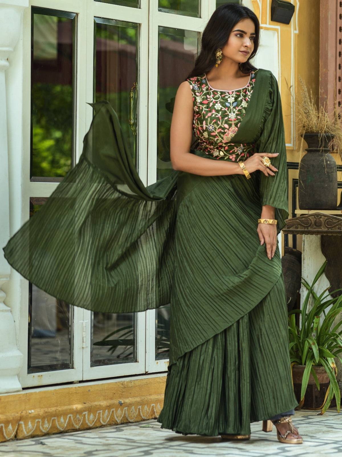 Chinnon Fabric With Half Half Crush Pleated Mehandi Colour Party Wear Saree