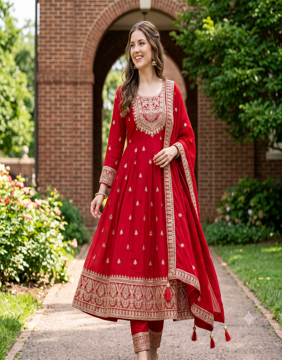 Heavy Embroidered Anarkali Kurta Pant Set with Dupatta for Women