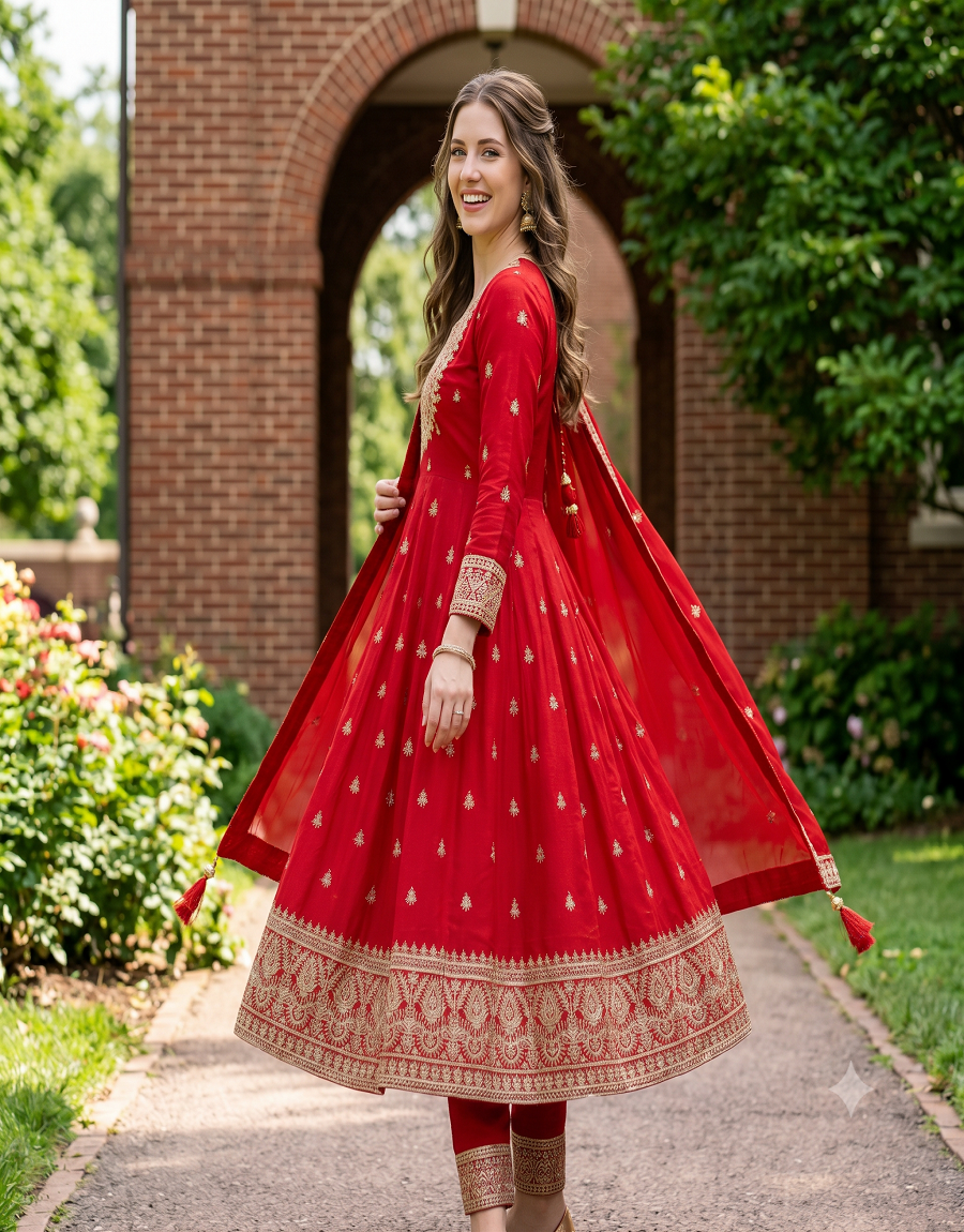 Heavy Embroidered Anarkali Kurta Pant Set with Dupatta for Women