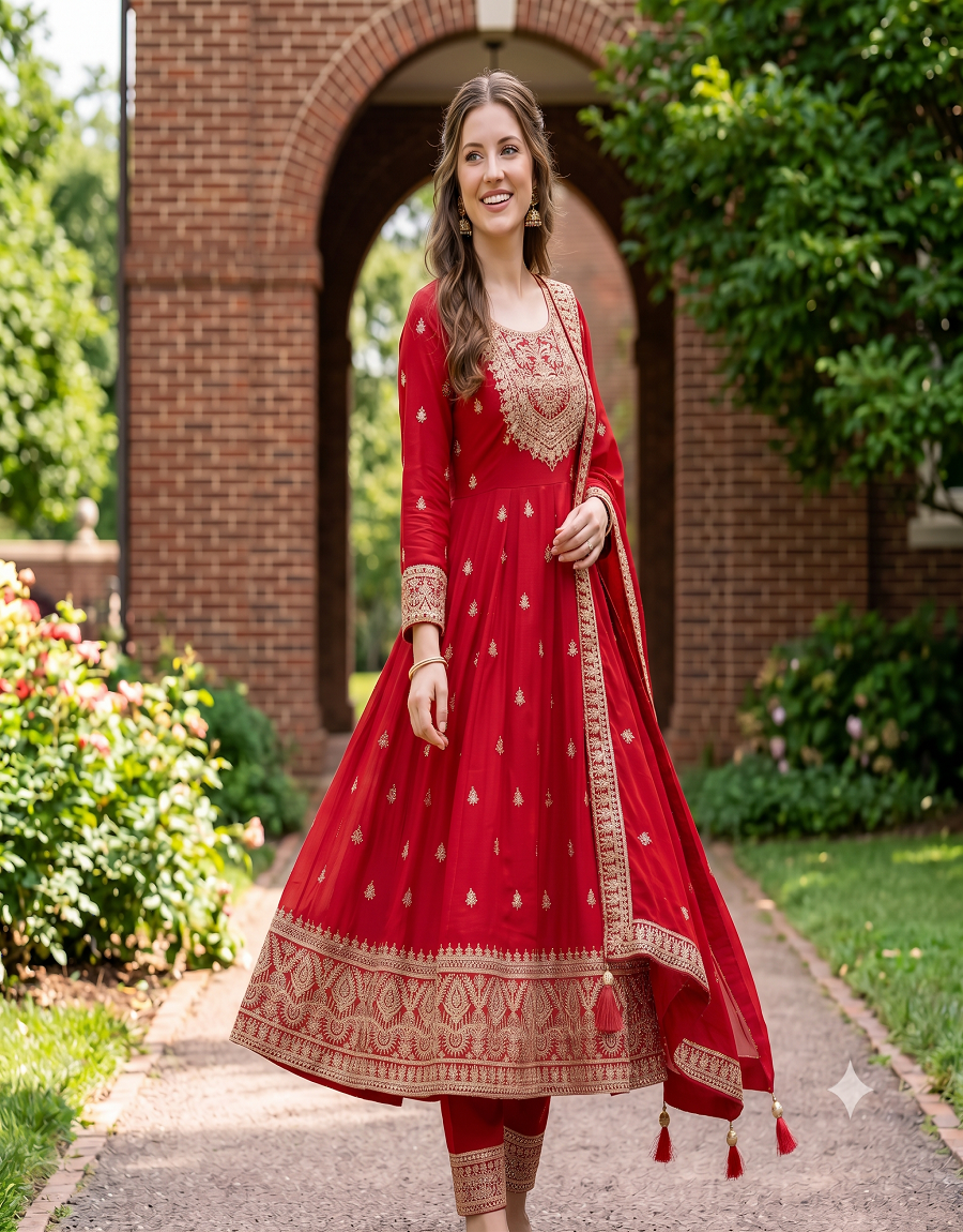 Heavy Embroidered Anarkali Kurta Pant Set with Dupatta for Women