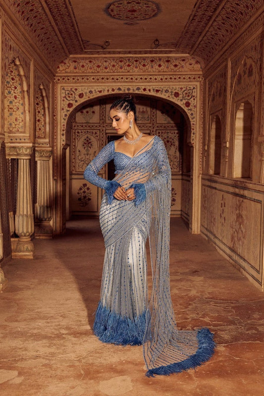 Party Wear Mono Net Sequins Embroidery Work Saree