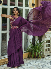 Load image into Gallery viewer, Chinnon Fabric With Half Half Crush Pleated Wine Colour Party Wear Saree
