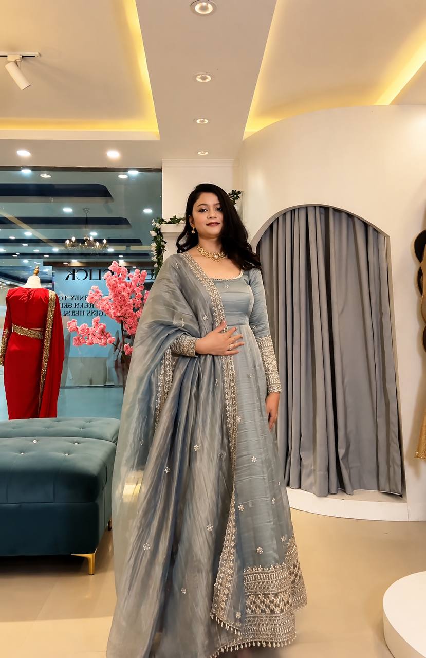 Crunchy Silk Embroidered Gown Set with Pant and Dupatta - Ready to Wear