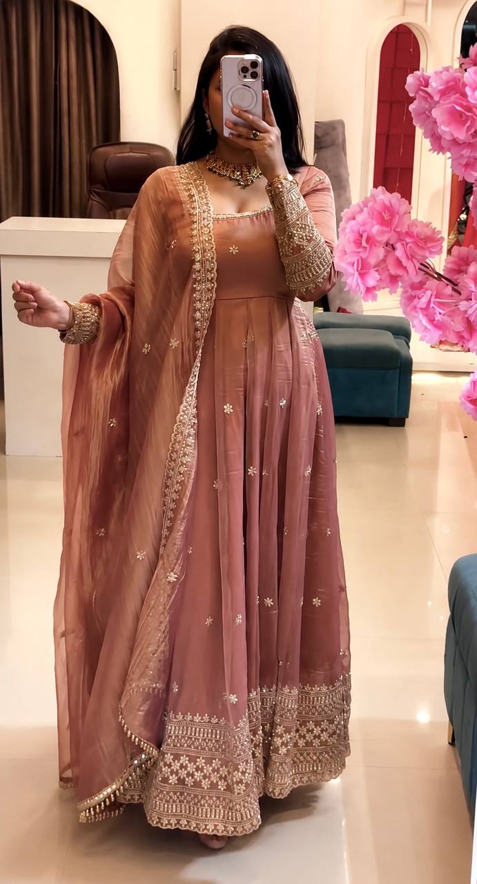 Crunchy Silk Embroidered Gown Set with Pant and Dupatta - Ready to Wear