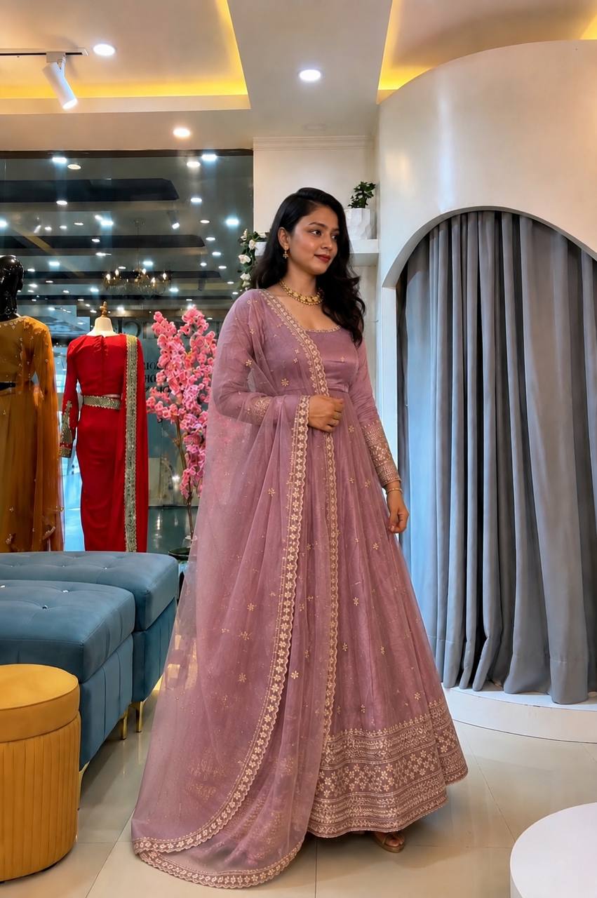 Crunchy Silk Embroidered Gown Set with Pant and Dupatta - Ready to Wear