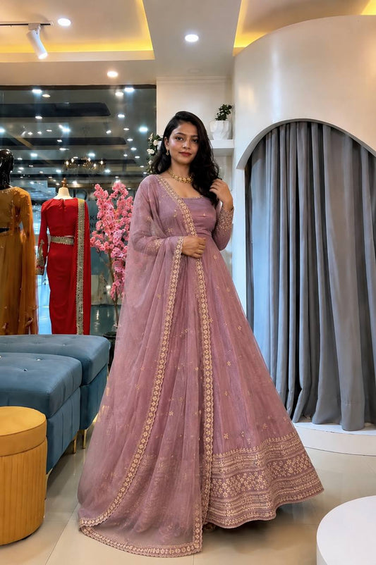 Crunchy Silk Embroidered Gown Set with Pant and Dupatta - Ready to Wear