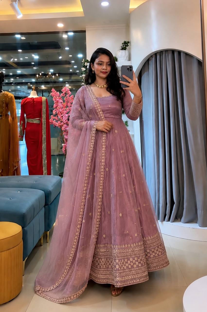 Crunchy Silk Embroidered Gown Set with Pant and Dupatta - Ready to Wear