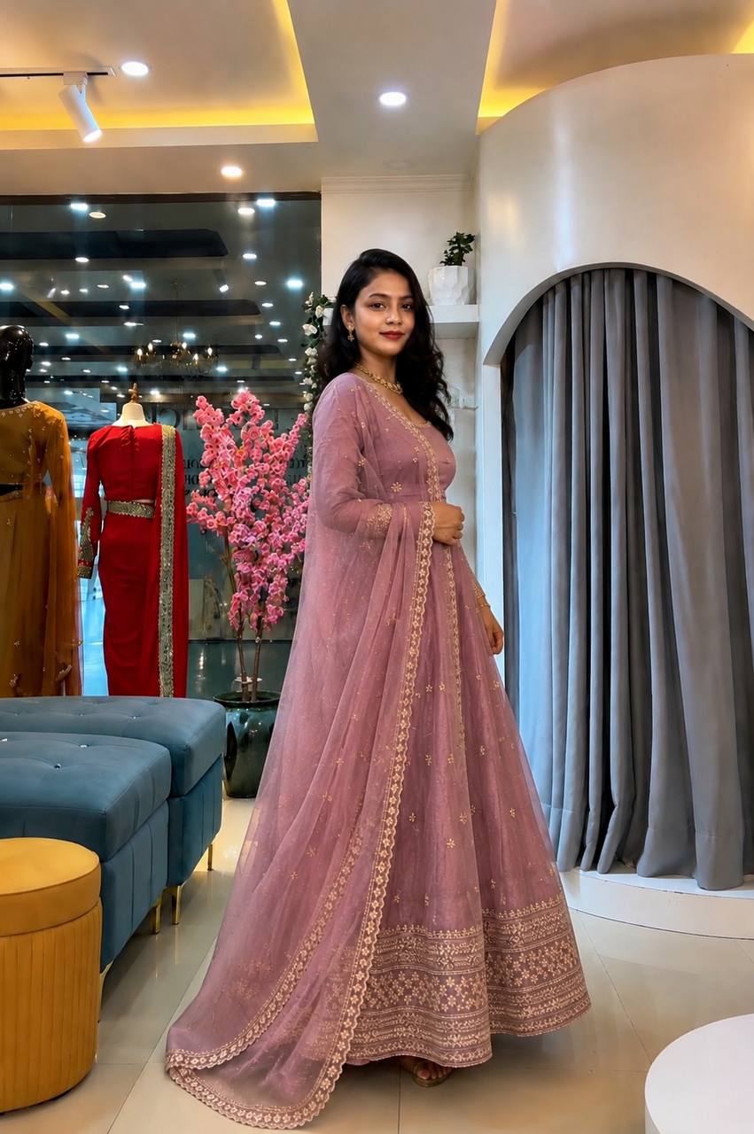 Crunchy Silk Embroidered Gown Set with Pant and Dupatta - Ready to Wear