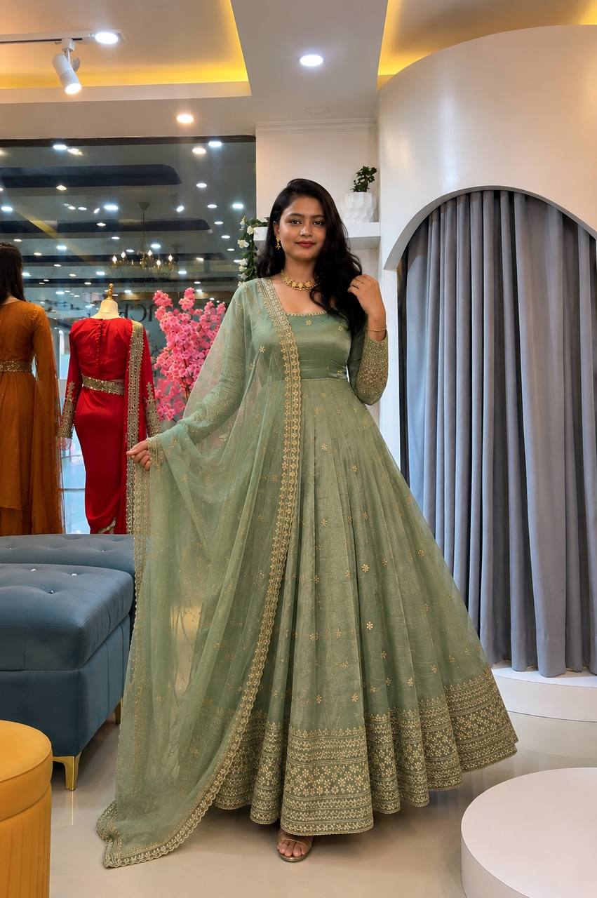 Crunchy Silk Embroidered Gown Set with Pant and Dupatta - Ready to Wear
