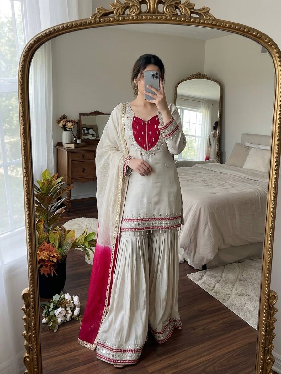 Premium Roman Glass Ready-to-Wear Ethnic Kurti Palazzo Set with Mirror Work & Kota Checks Dupatta