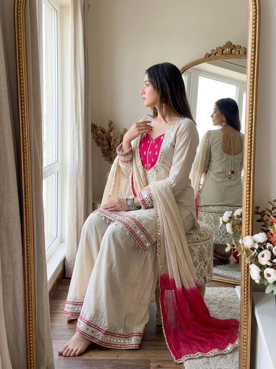 Premium Roman Glass Ready-to-Wear Ethnic Kurti Palazzo Set with Mirror Work & Kota Checks Dupatta
