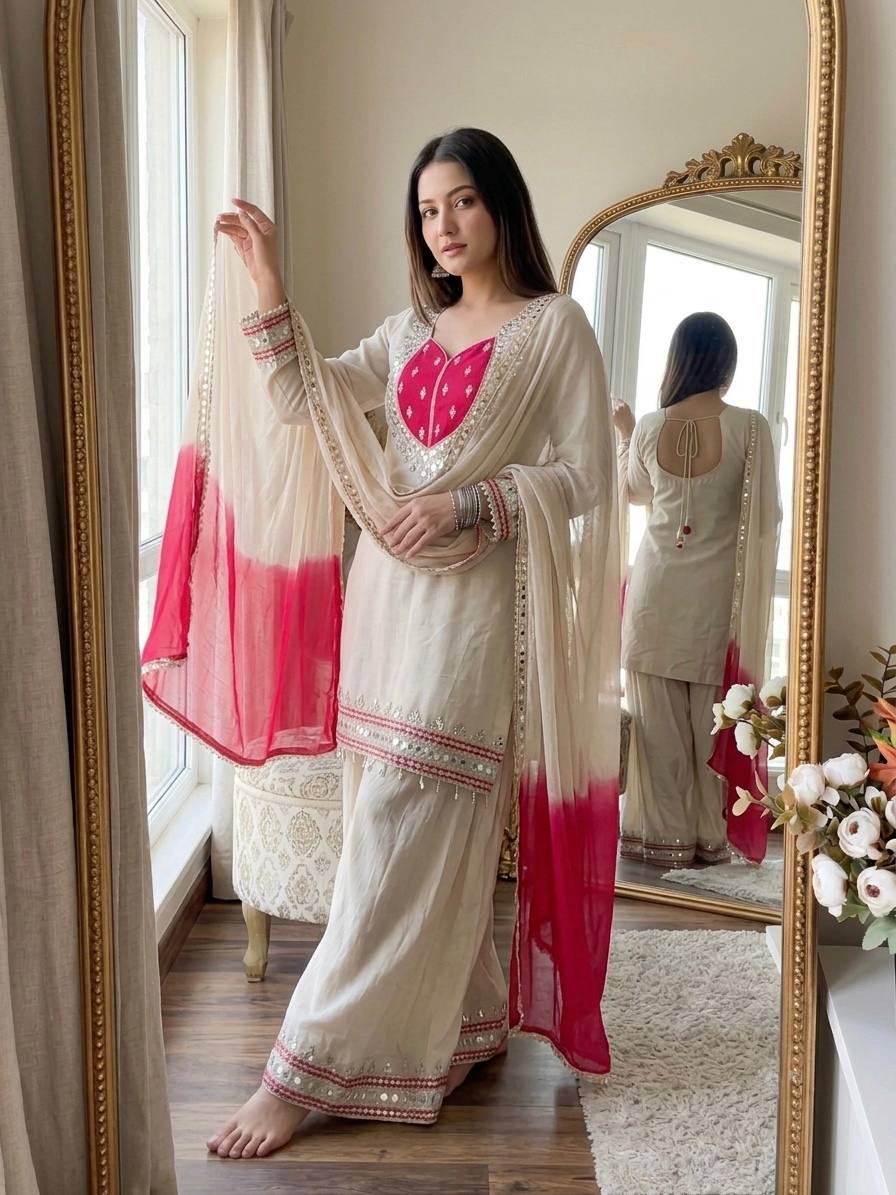 Premium Roman Glass Ready-to-Wear Ethnic Kurti Palazzo Set with Mirror Work & Kota Checks Dupatta