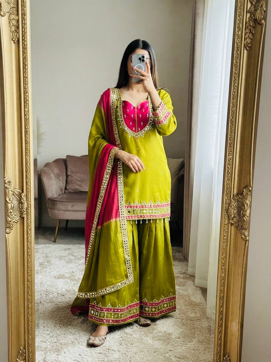 Premium Roman Glass Ready-to-Wear Ethnic Kurti Palazzo Set with Mirror Work & Kota Checks Dupatta