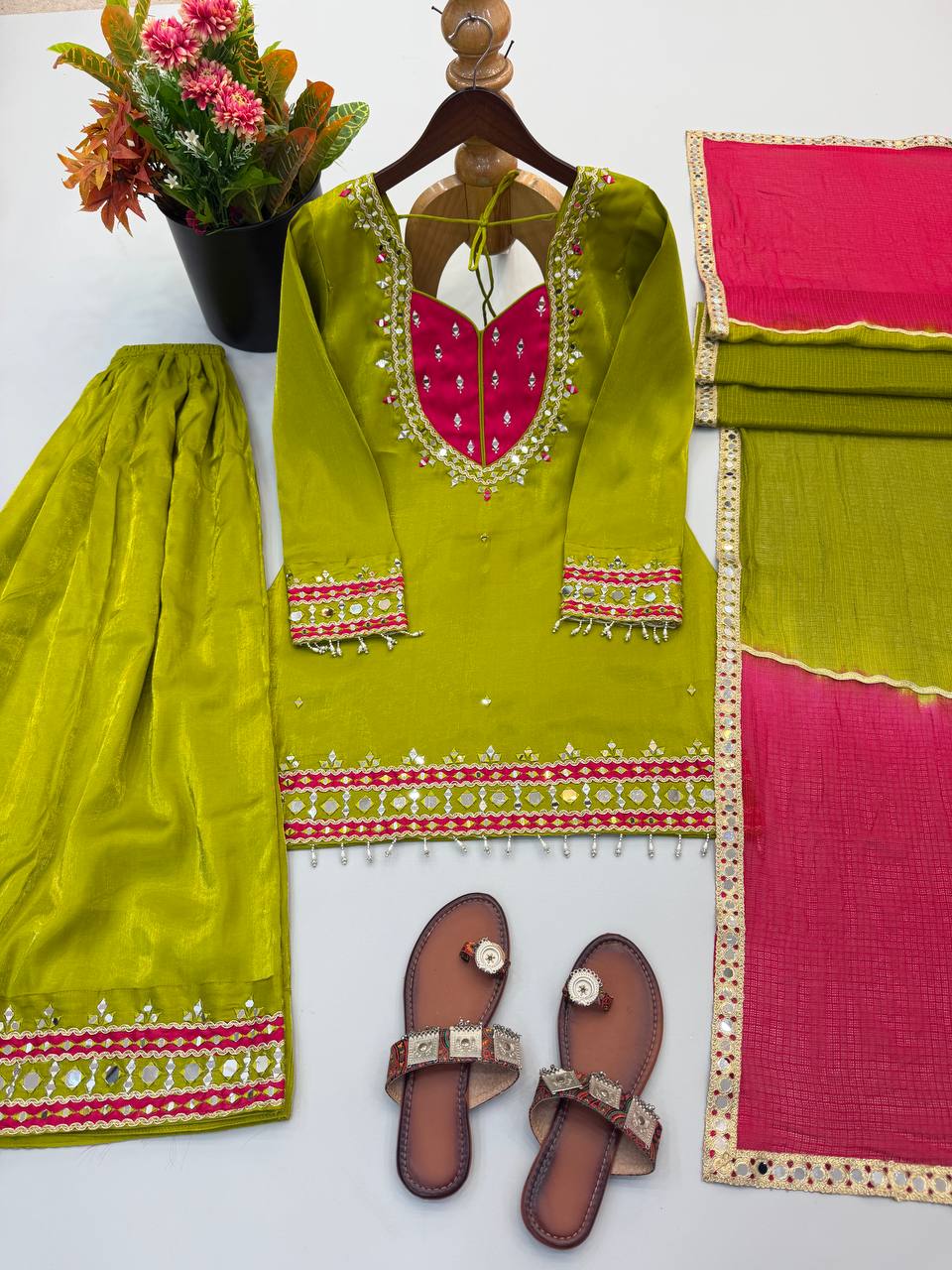 Premium Roman Glass Ready-to-Wear Ethnic Kurti Palazzo Set with Mirror Work & Kota Checks Dupatta