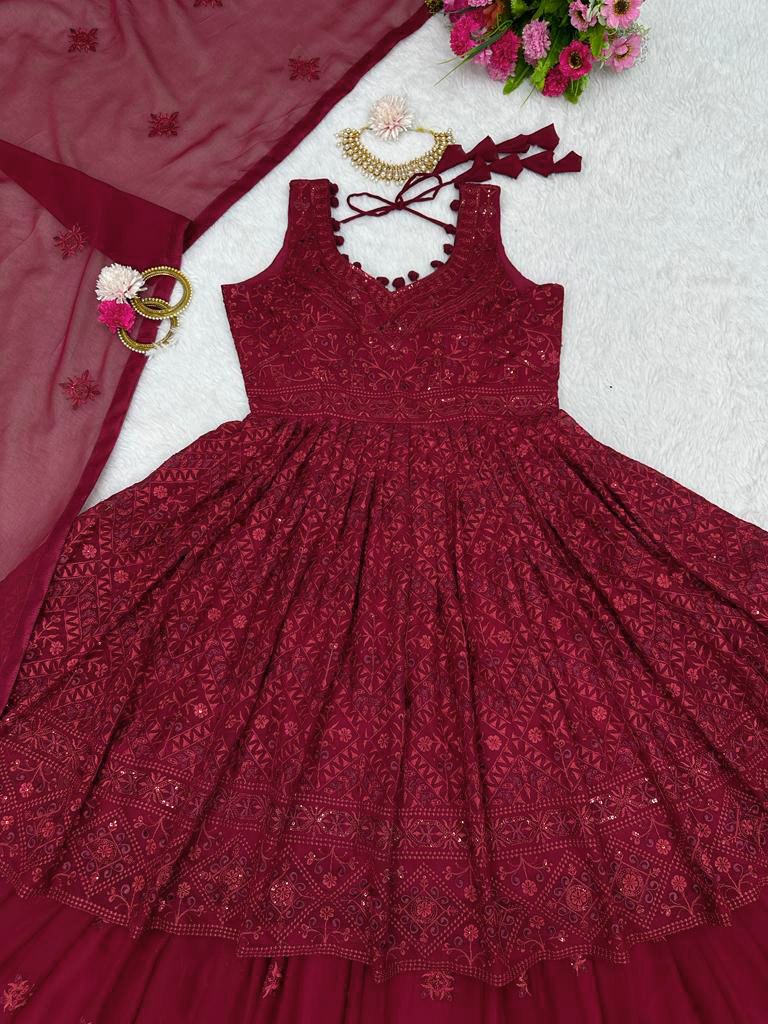 Trending Marron Colour Embroidary And Sequence Work Top Lehenga With Duppta