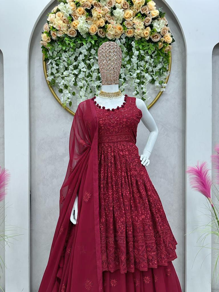 Trending Marron Colour Embroidary And Sequence Work Top Lehenga With Duppta