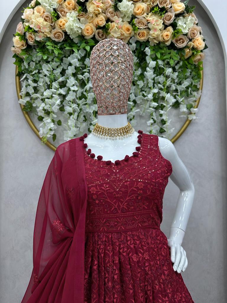 Trending Marron Colour Embroidary And Sequence Work Top Lehenga With Duppta