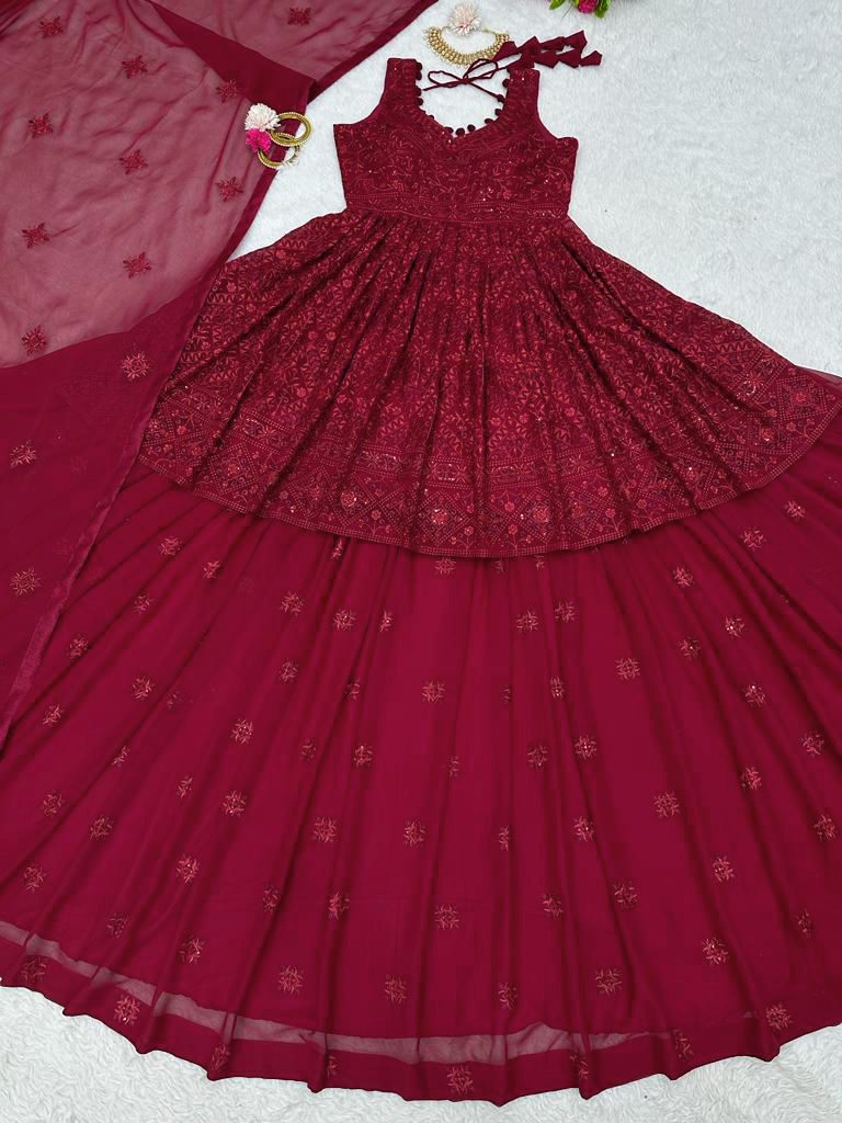 Trending Marron Colour Embroidary And Sequence Work Top Lehenga With Duppta