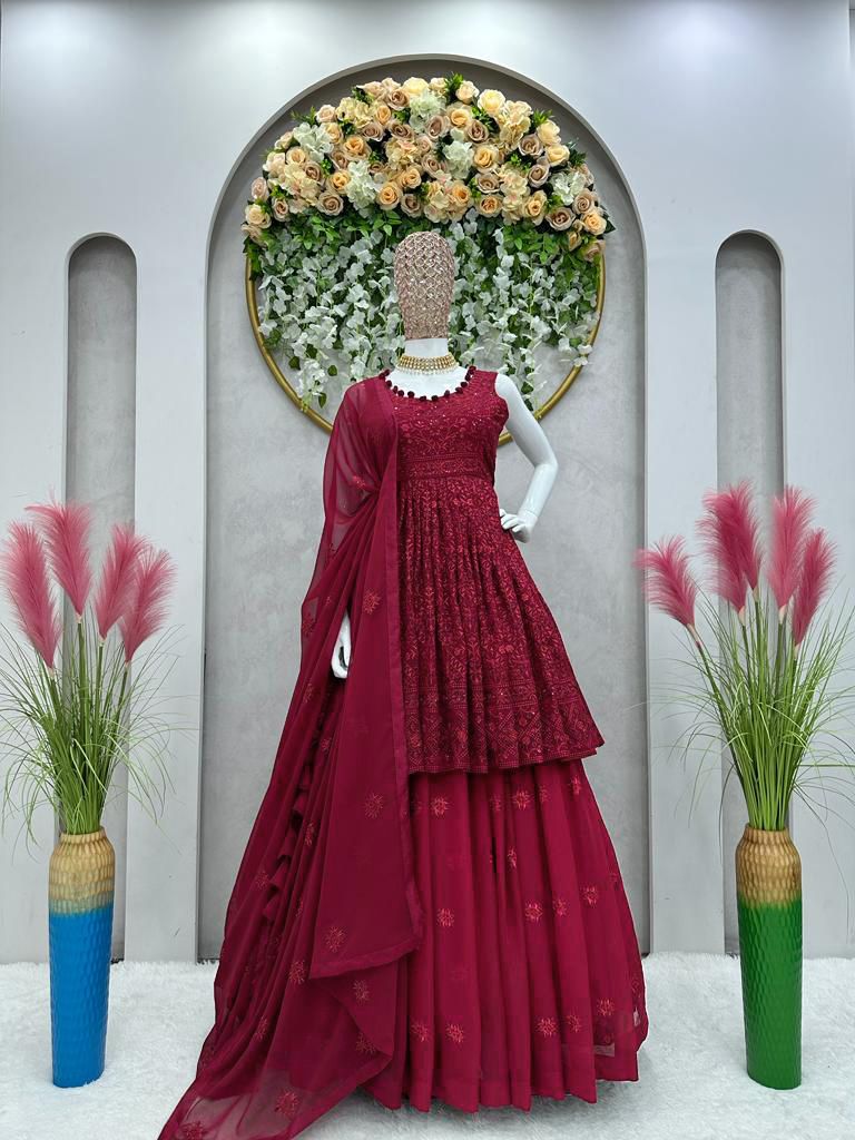 Trending Marron Colour Embroidary And Sequence Work Top Lehenga With Duppta