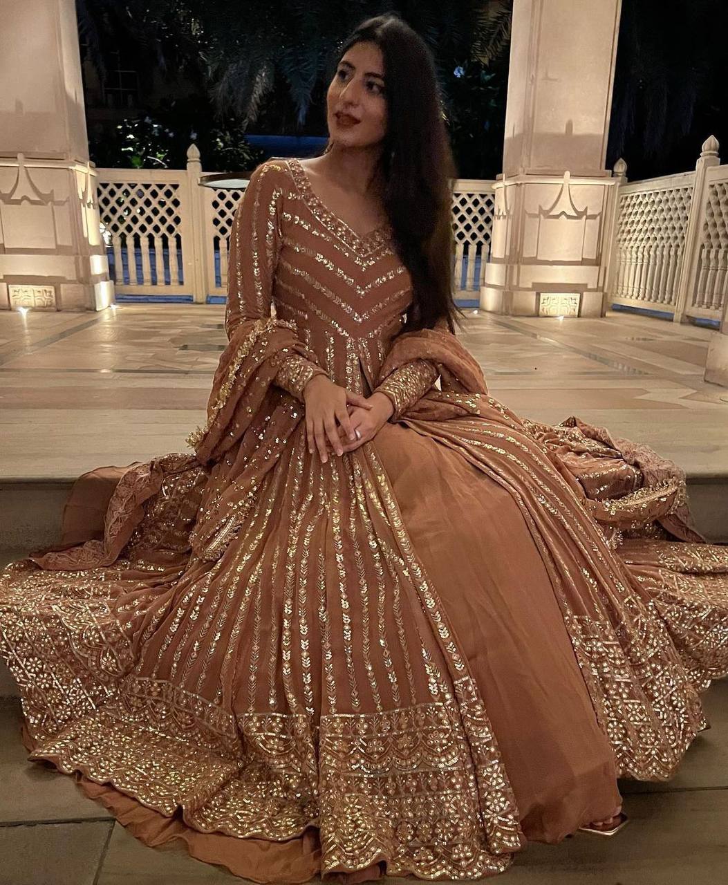 Party Wear Georgette Stitched Gown With Lehenga Dupatta