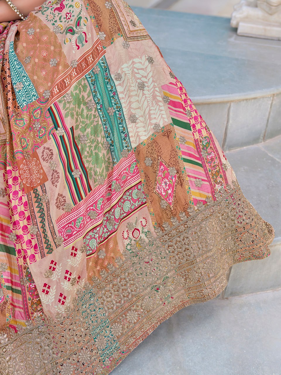 Women’s Beige Patchwork Print Embroidered Lehenga Choli with Cape/Kaftan Style Jacket