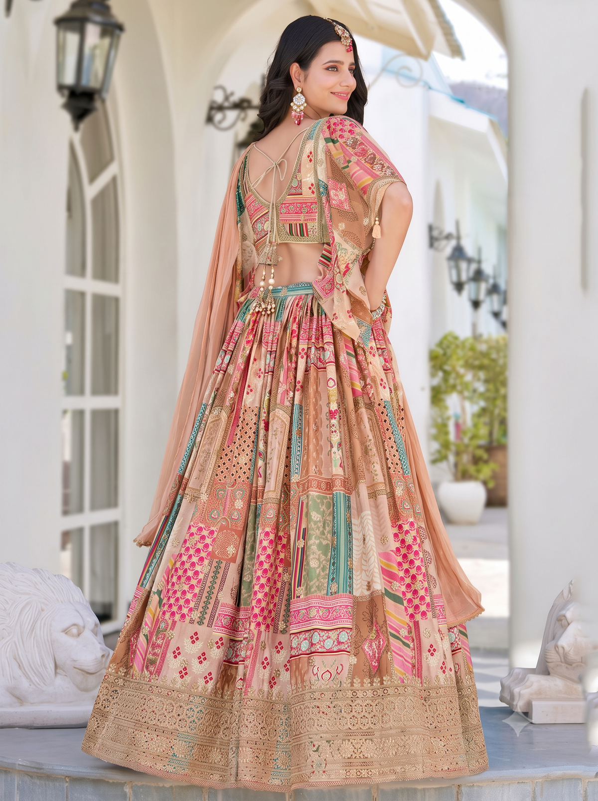 Women’s Beige Patchwork Print Embroidered Lehenga Choli with Cape/Kaftan Style Jacket