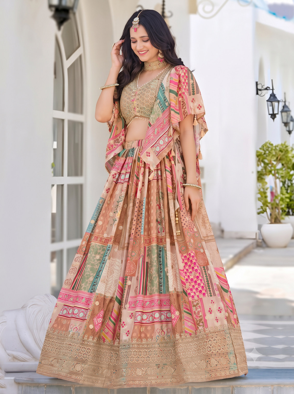 Women’s Beige Patchwork Print Embroidered Lehenga Choli with Cape/Kaftan Style Jacket