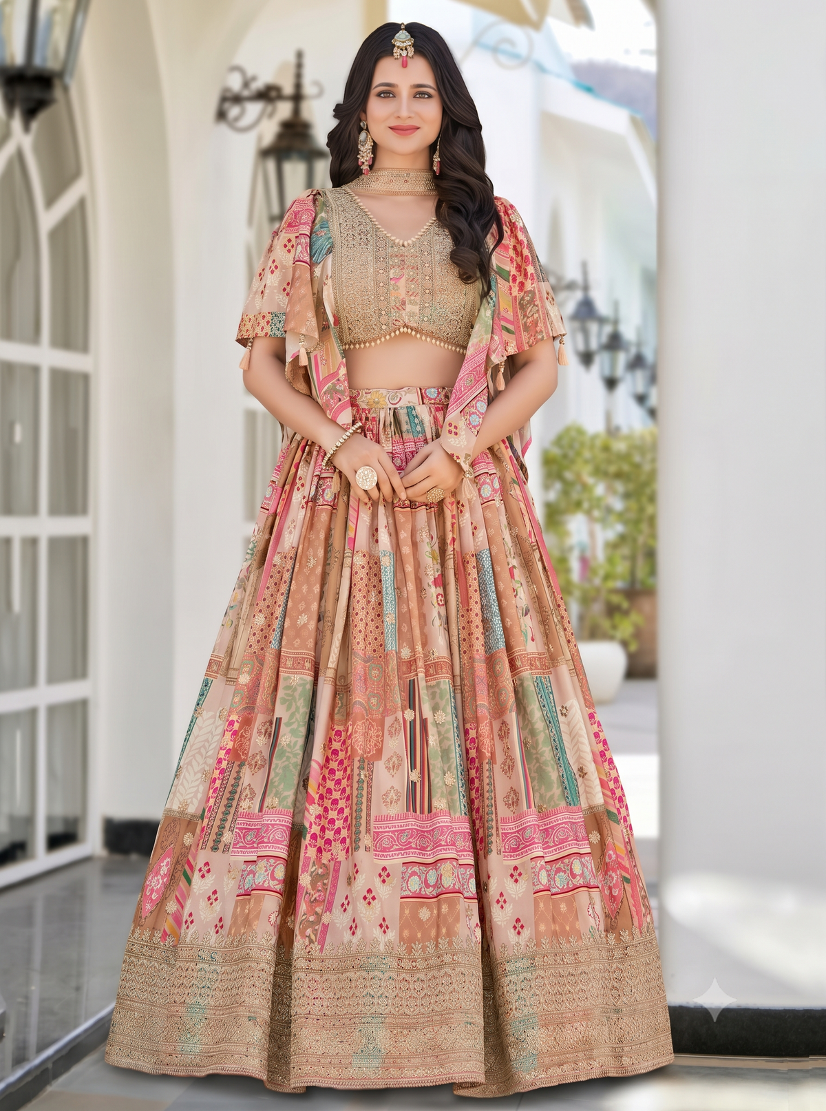 Women’s Beige Patchwork Print Embroidered Lehenga Choli with Cape/Kaftan Style Jacket