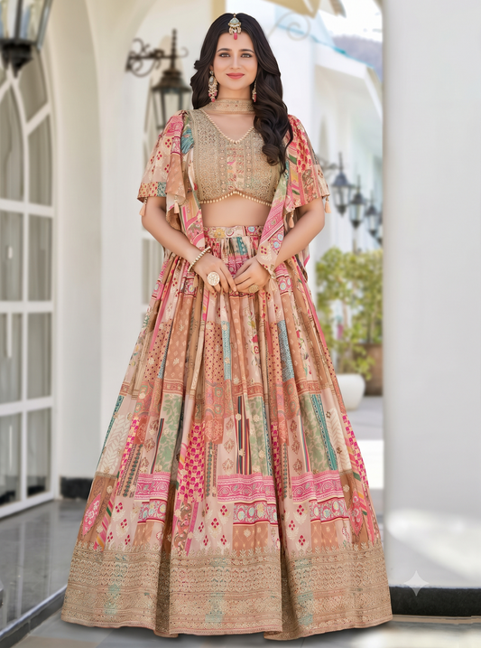 Women’s Beige Patchwork Print Embroidered Lehenga Choli with Cape/Kaftan Style Jacket