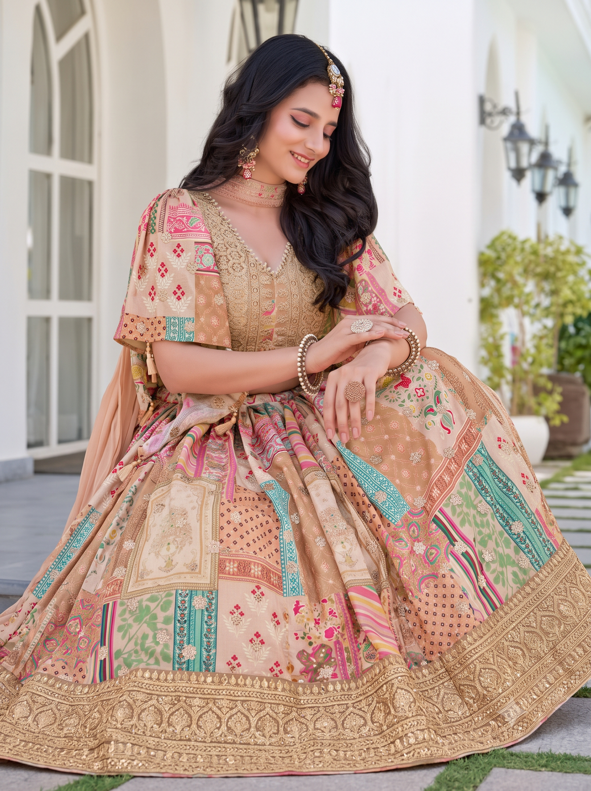 Women’s Beige Patchwork Print Embroidered Lehenga Choli with Cape/Kaftan Style Jacket