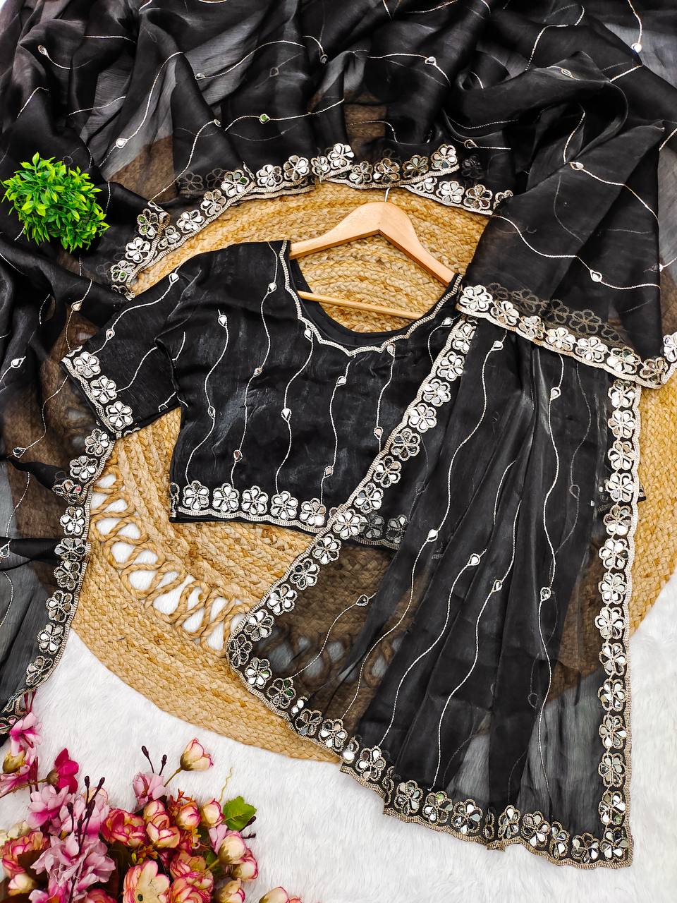 Premium Berberry Sari with Heavy Embroidery & Real Mirror Work