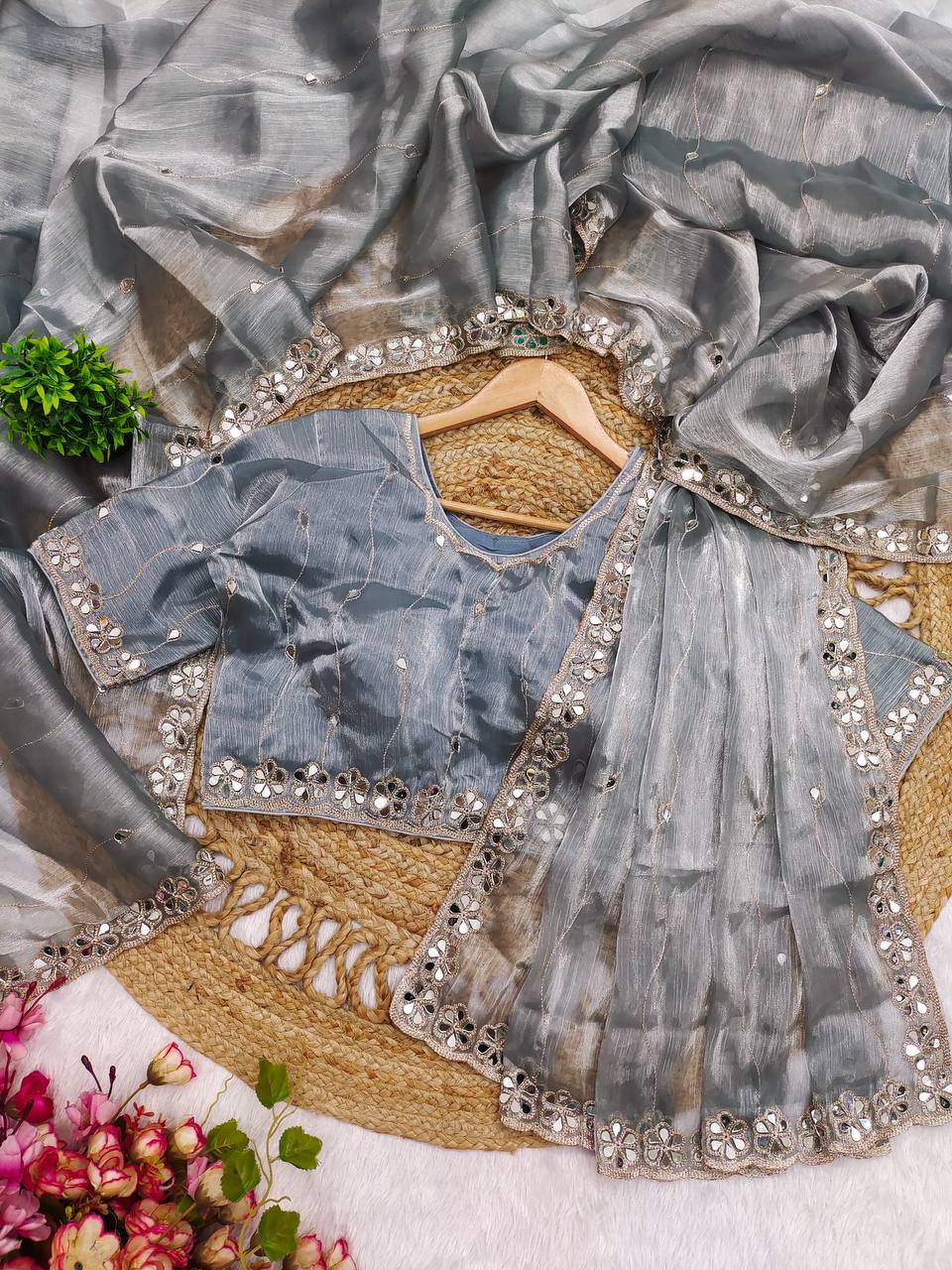 Premium Berberry Sari with Heavy Embroidery & Real Mirror Work
