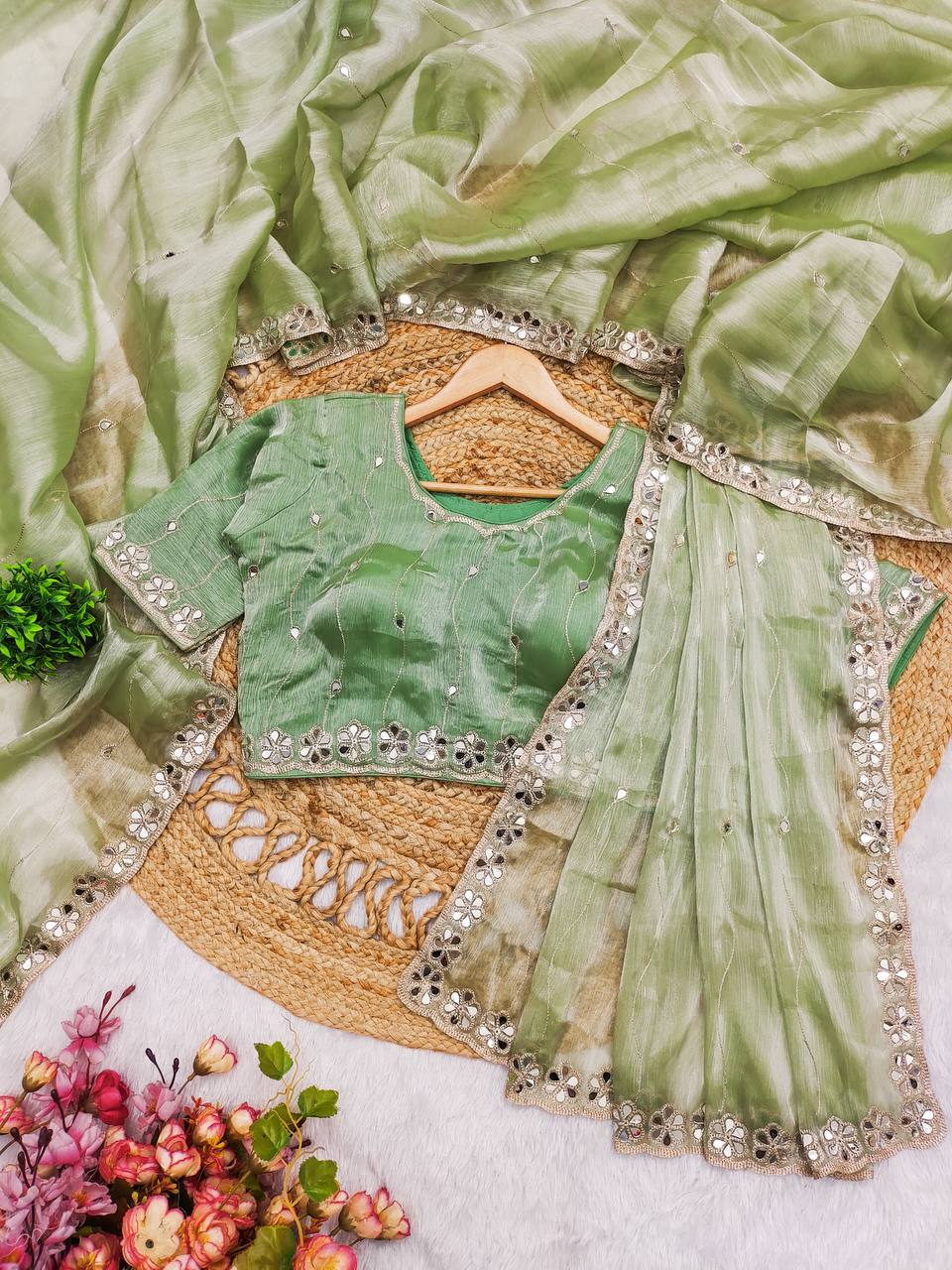 Premium Berberry Sari with Heavy Embroidery & Real Mirror Work