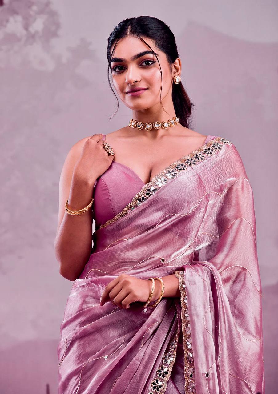 Premium Berberry Sari with Heavy Embroidery & Real Mirror Work