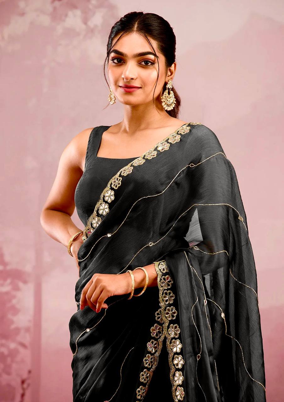 Premium Berberry Sari with Heavy Embroidery & Real Mirror Work