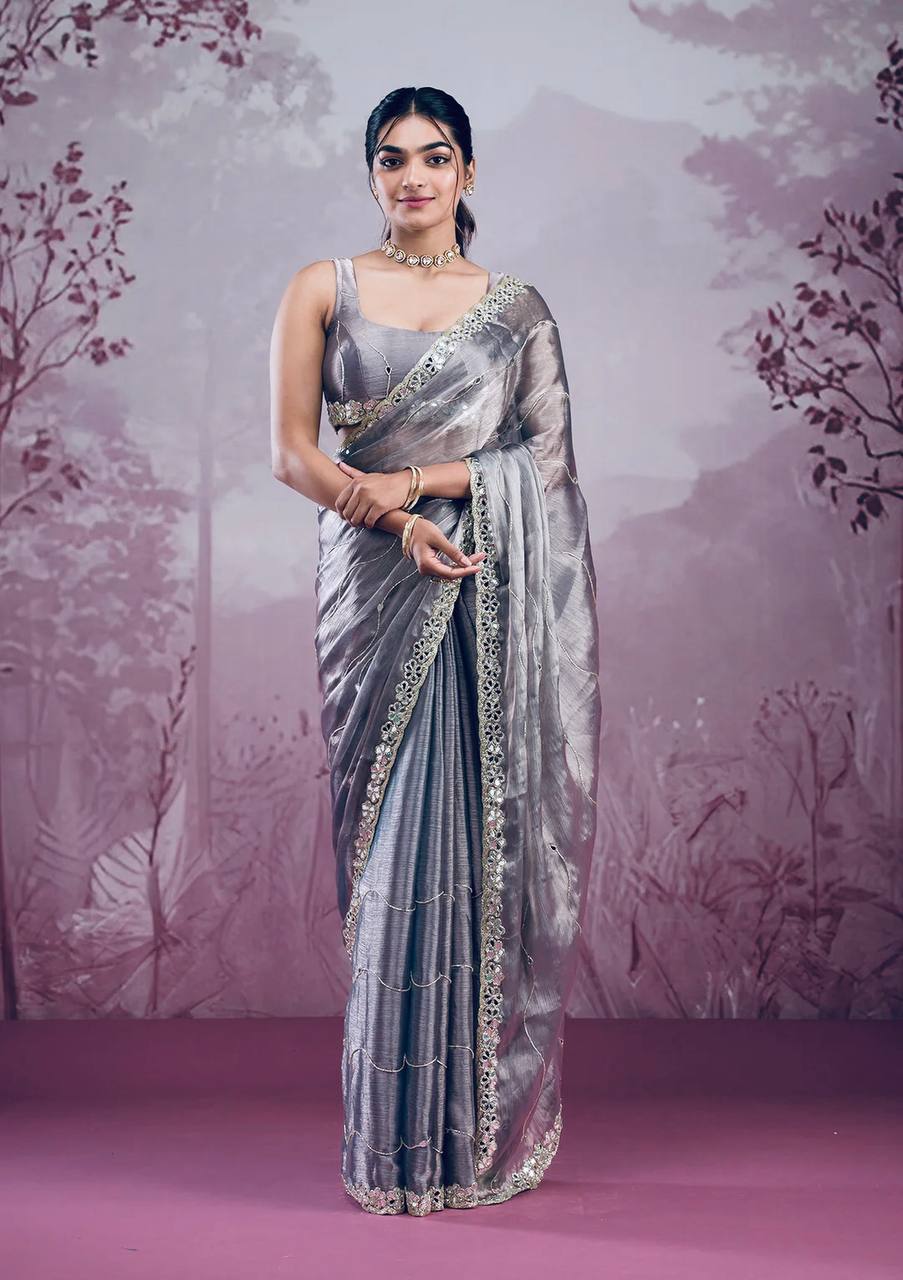 Premium Berberry Sari with Heavy Embroidery & Real Mirror Work