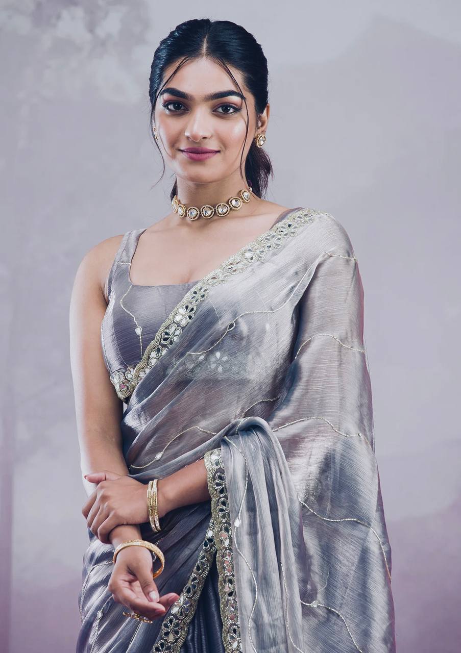 Premium Berberry Sari with Heavy Embroidery & Real Mirror Work