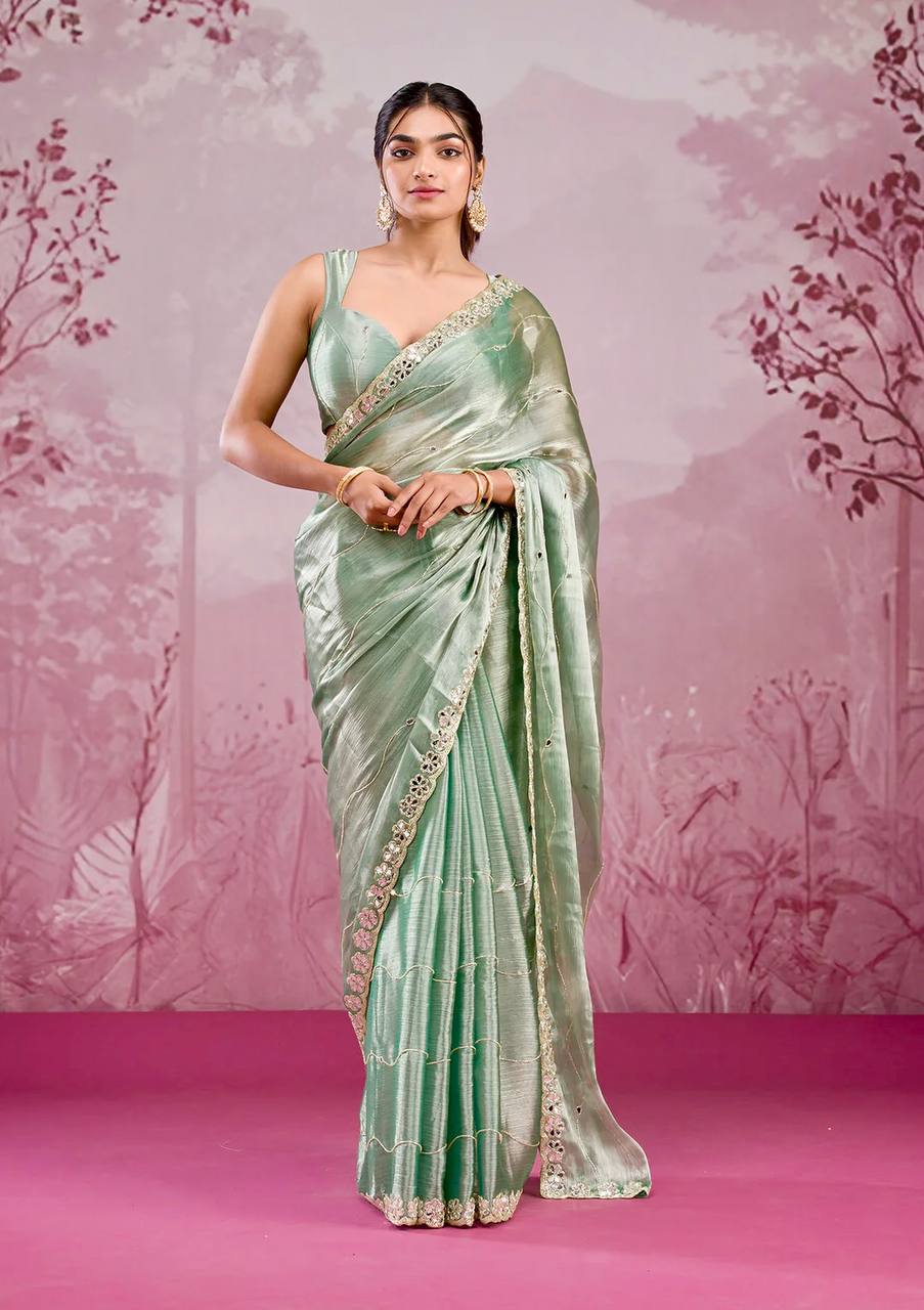 Premium Berberry Sari with Heavy Embroidery & Real Mirror Work