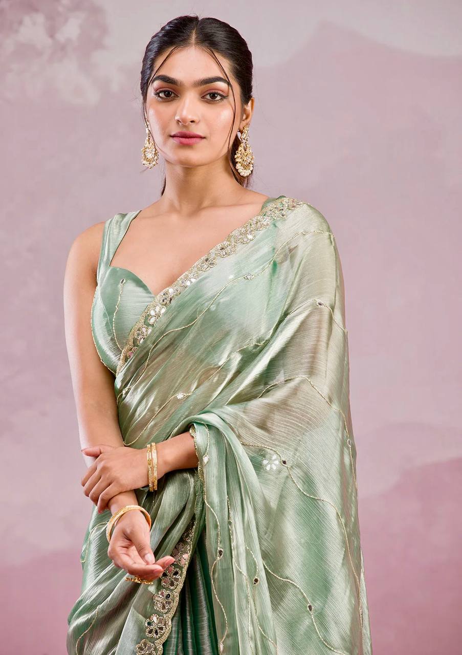 Premium Berberry Sari with Heavy Embroidery & Real Mirror Work