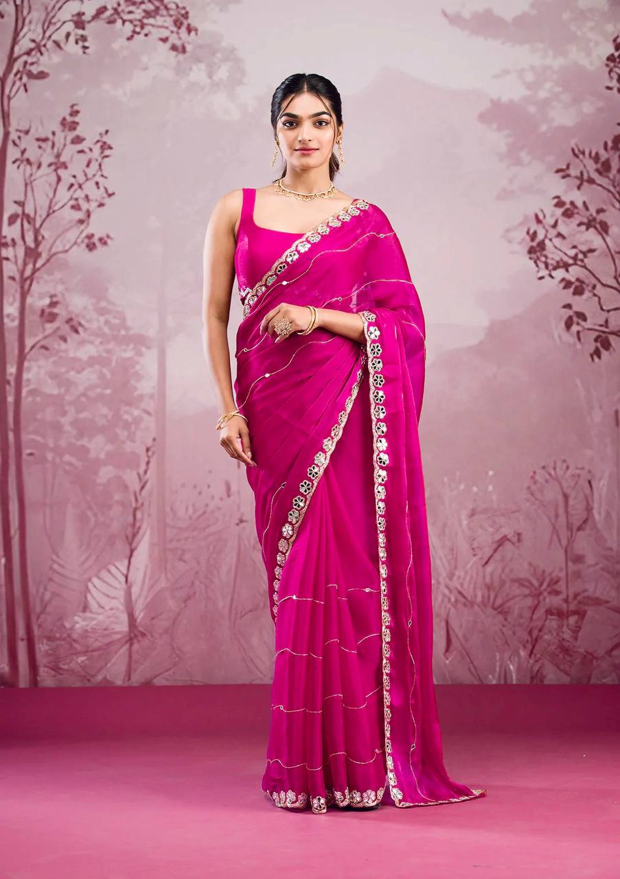 Premium Berberry Sari with Heavy Embroidery & Real Mirror Work
