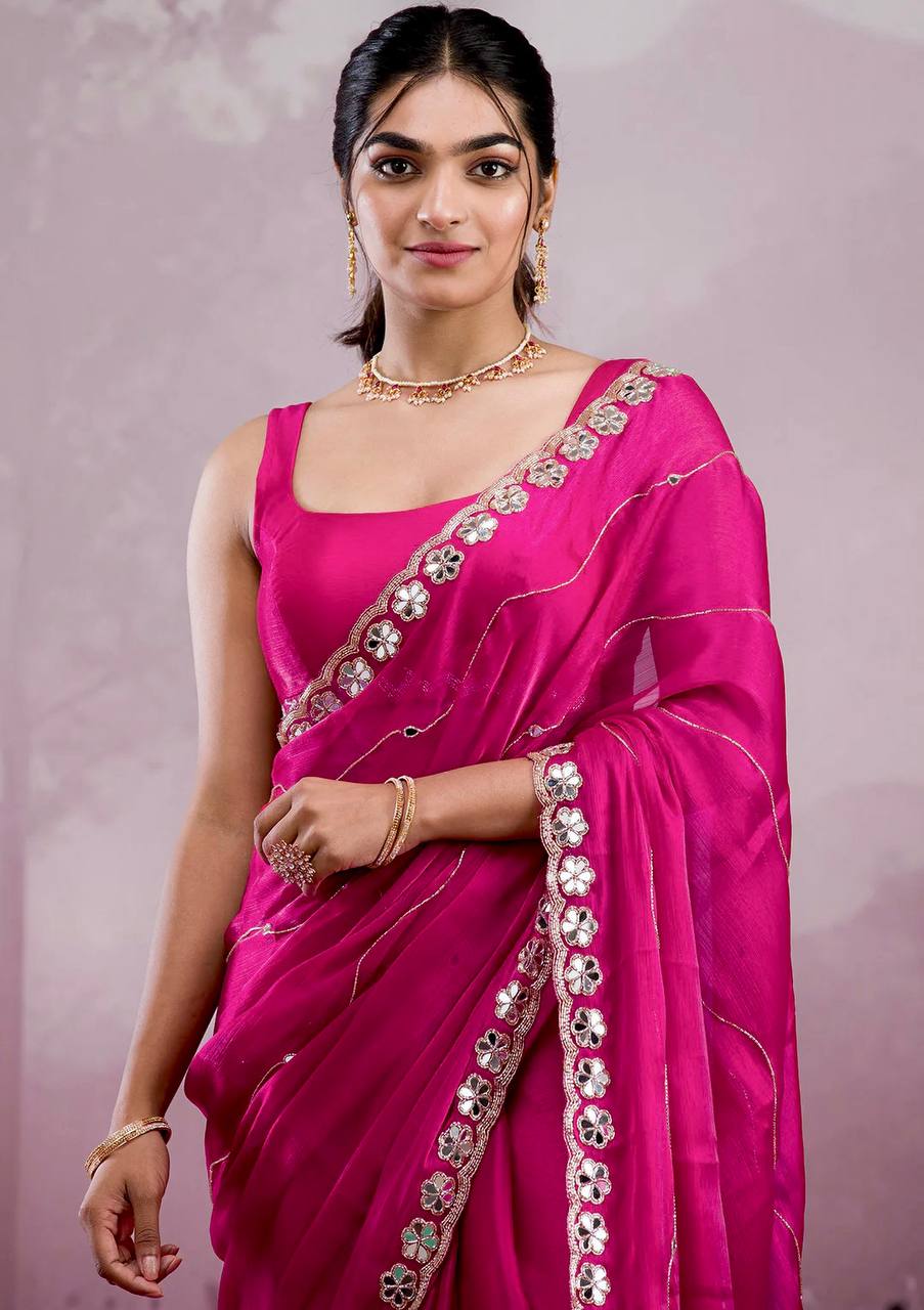Premium Berberry Sari with Heavy Embroidery & Real Mirror Work