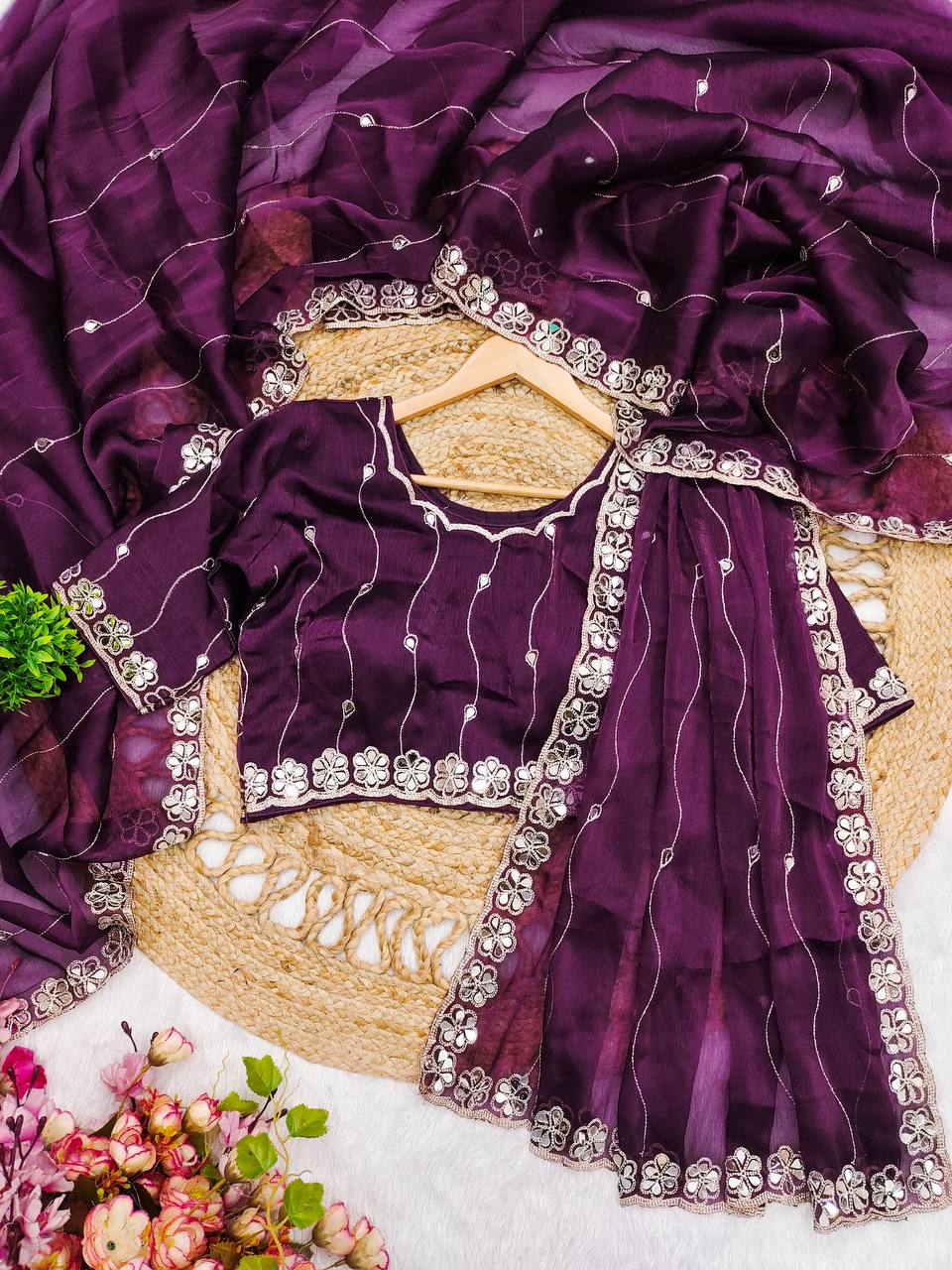 Premium Berberry Sari with Heavy Embroidery & Real Mirror Work
