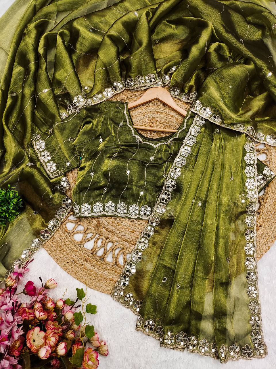 Premium Berberry Sari with Heavy Embroidery & Real Mirror Work